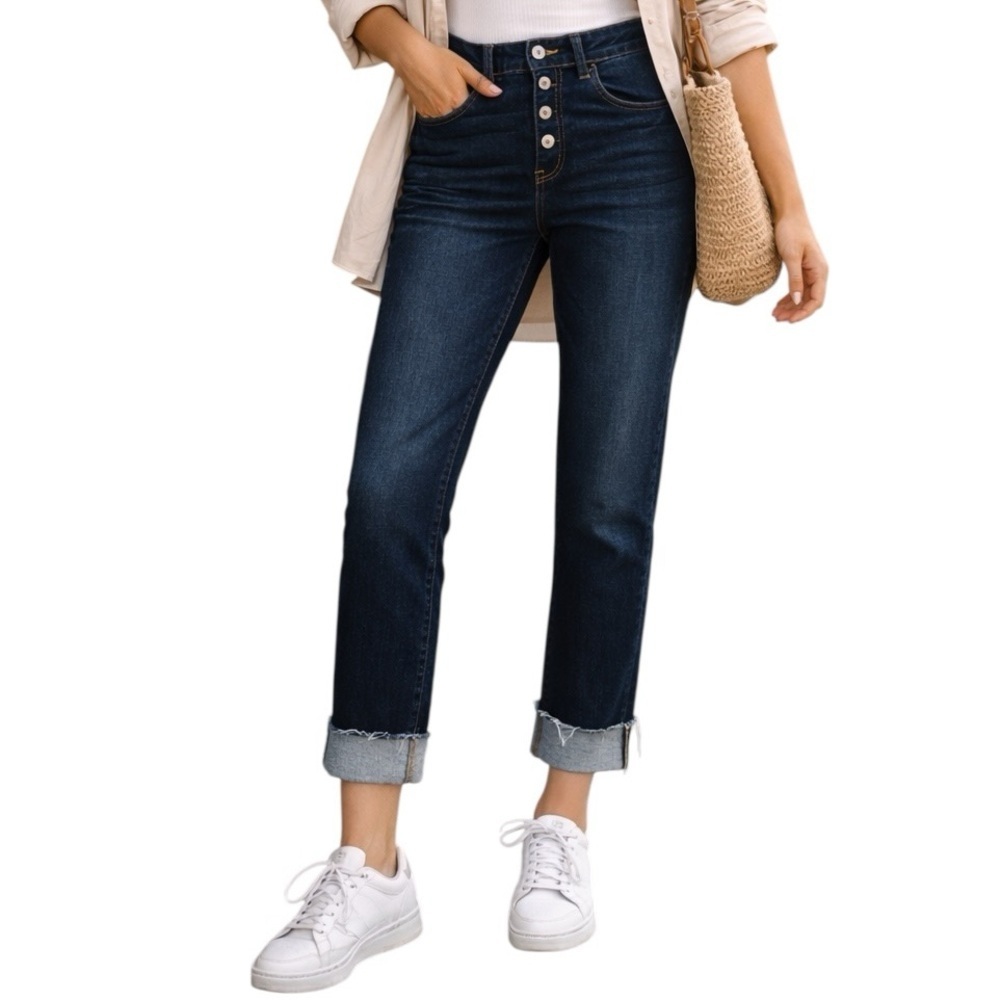 KanCan 31 High Rise Distressed Dark Denim Cuffed Cropped Cotton Blend Jeans